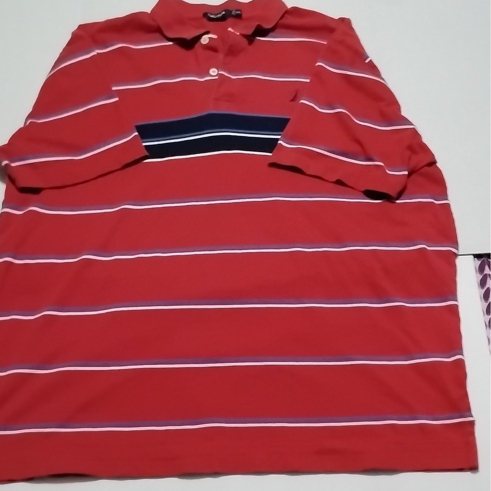 Vintage Nautica Polo Shirt Red Blue White Striped Cotton XXL Men's Collared Logo